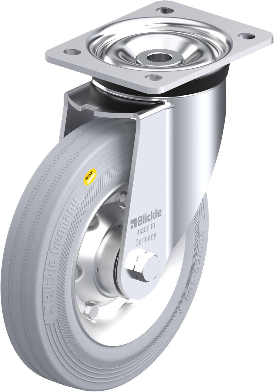 Industrie-Rollenlager, robustes Design, aus Stahl mit grauem Gummirad. Markiert mit 'Blickle made in Germany'.