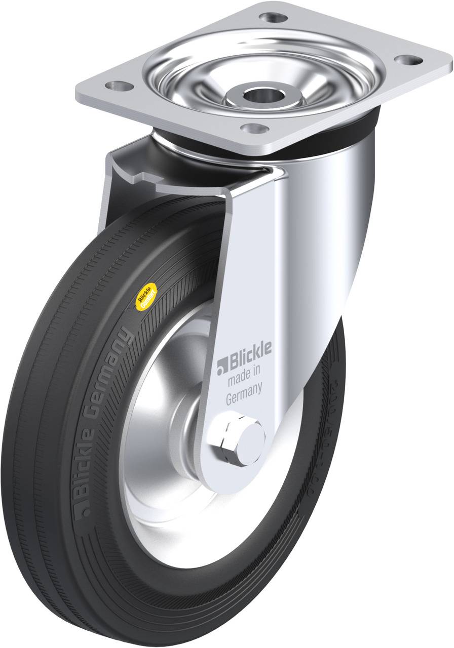 Schwenkrolle mit schwarzem Rad und silbernem Gehäuse. 'Blickle made in Germany' auf der Seite. Geeignet für industrielle Anwendungen.