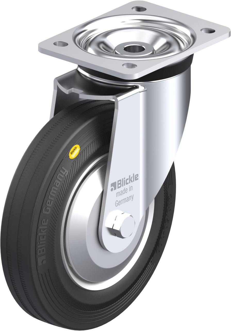 Ein schwarzes Rad mit Metallgehäuse und Aufhängung, beschriftet mit 'Blickle'. Entwickelt für Mobilität und Stabilität, hergestellt in Deutschland.