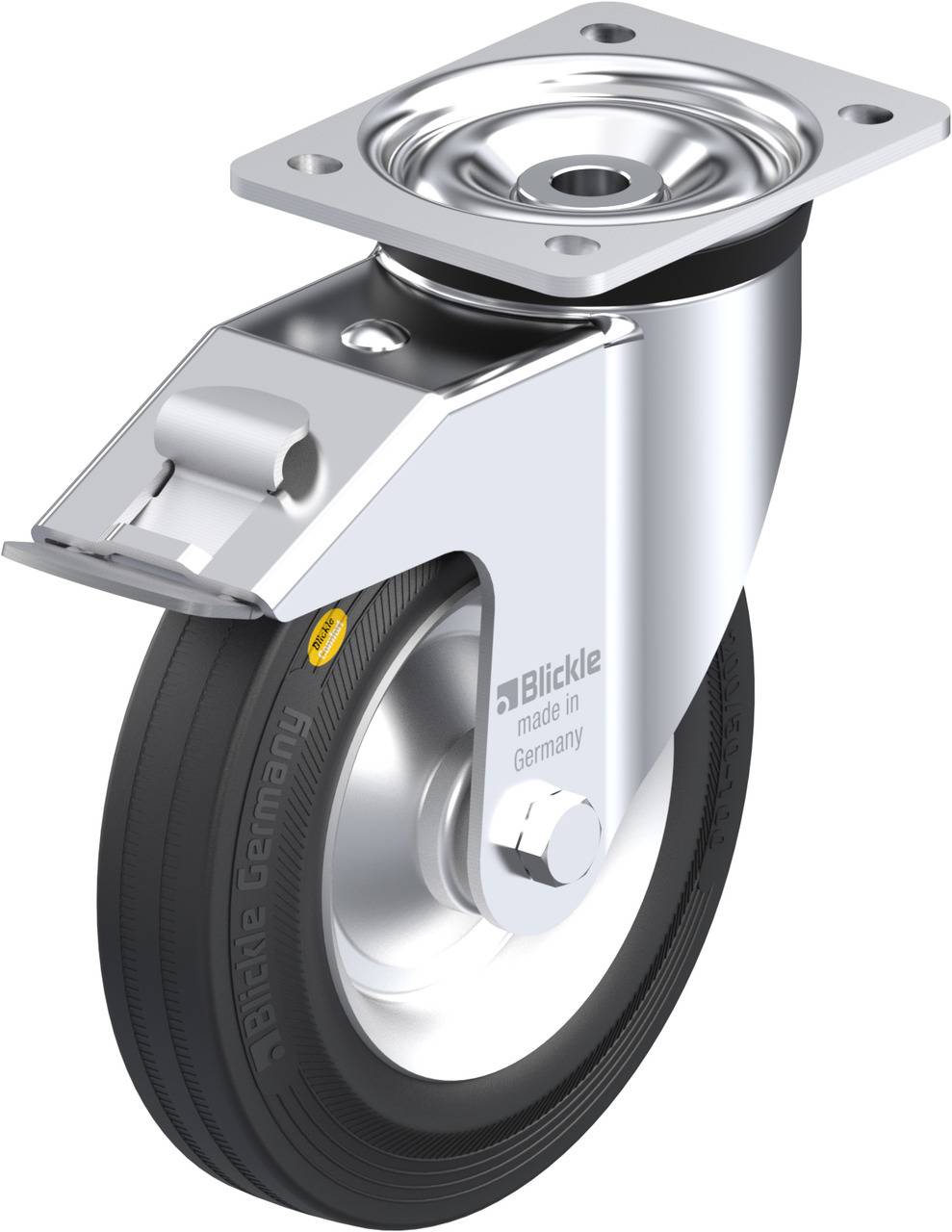 Eine Lenkrolle aus Metall und Gummi von Blickle, hergestellt in Deutschland.