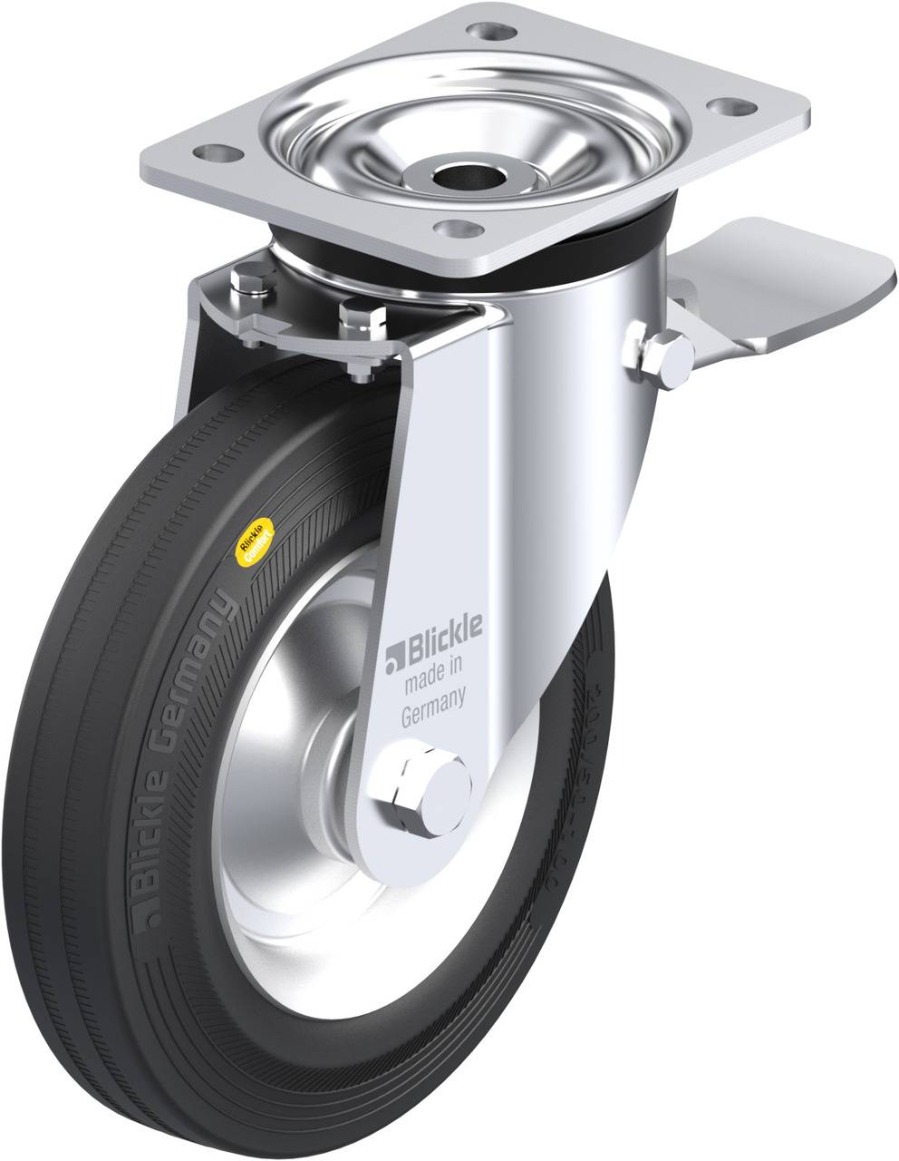 Eine silberne Lenkrolle mit schwarzem Reifen, Aufschrift 'Blickle made in Germany' auf der Halterung.