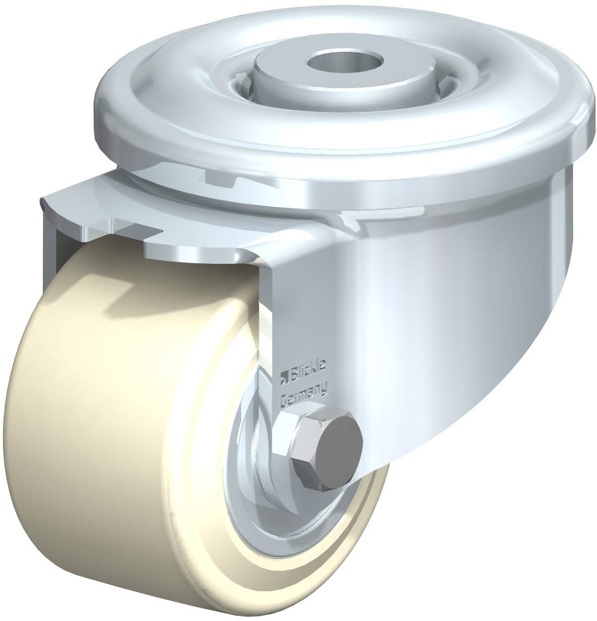 Ein drehbares Rad mit einer Metallhalterung und einem cremefarbenen Gummi, geeignet für Möbel oder technische Geräte.