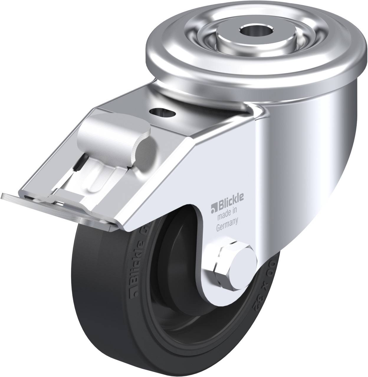 Ein glänzendes Metall-Rollenrad mit schwarzem Reifen, Label 'Blickle'. Hochwertige Rolle, geeignet für industrielle Anwendungen.
