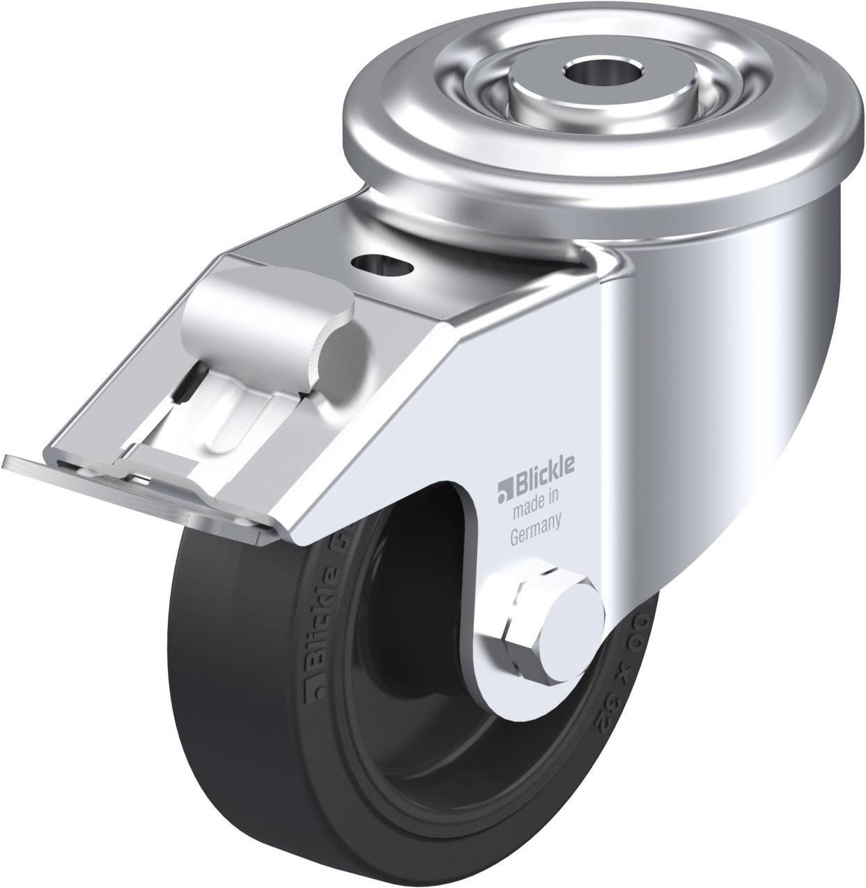 Ein einzelnes Lenkrad mit silbernem Gehäuse und schwarzem Rad. Aufschrift 'Blickle made in Germany'. Geeignet für Transportgeräte.