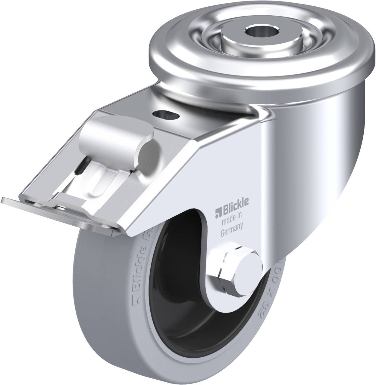 Schwenkrolle aus Metall und Gummi mit Lager, geeignet für Maschinen oder Möbel, hergestellt in Deutschland von der Firma Blickle.