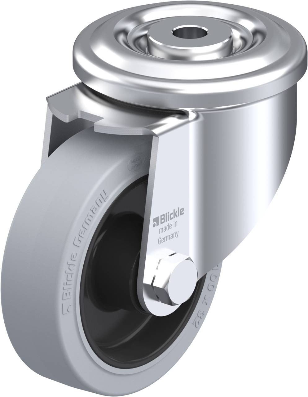 Schwenkrolle mit grauem Rad und silbernem Gehäuse, geeignet für Möbel oder Geräte. Markierung 'Blickle' und 'Made in Germany' erkennbar.