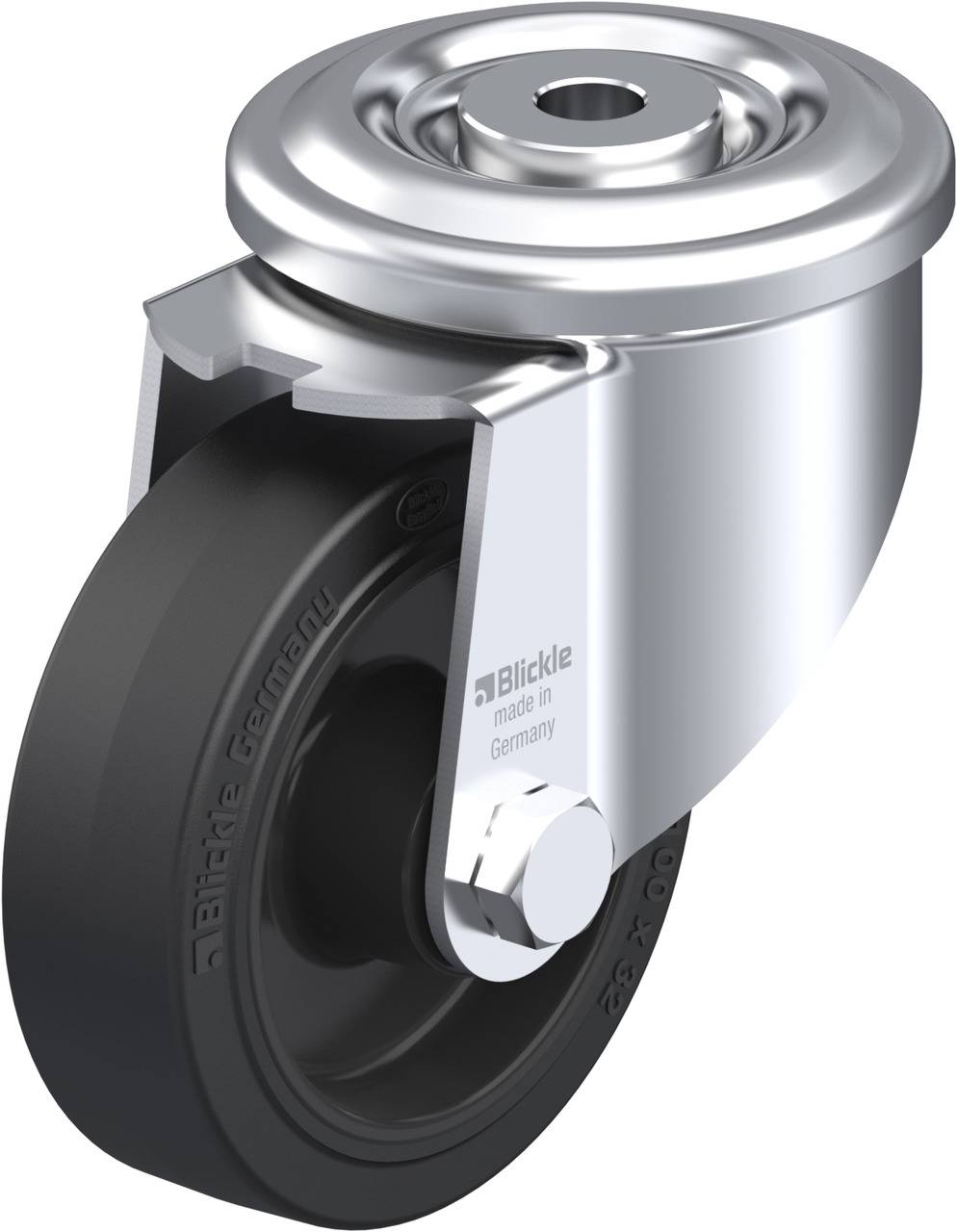 Rollenrad von Blickle mit glänzendem Metallgehäuse und schwarzem Rad, gefertigt in Deutschland.