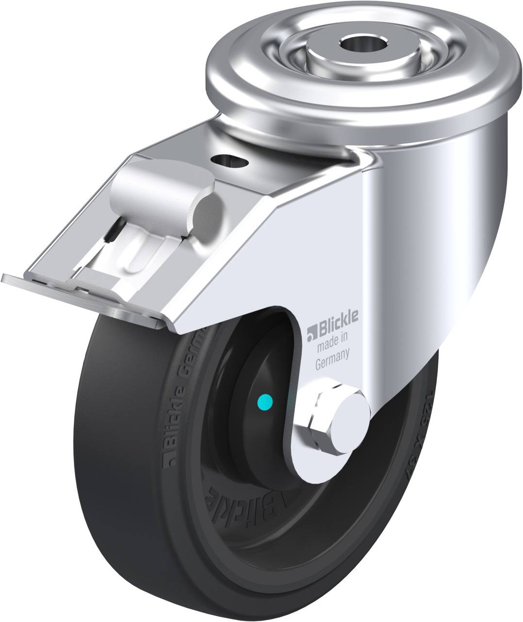 Industrie-Schwenkrolle aus Metall mit Gummirad, geeignet für den Einsatz auf glatten Böden. Markenname 'Blickle' sichtbar auf der Seite.