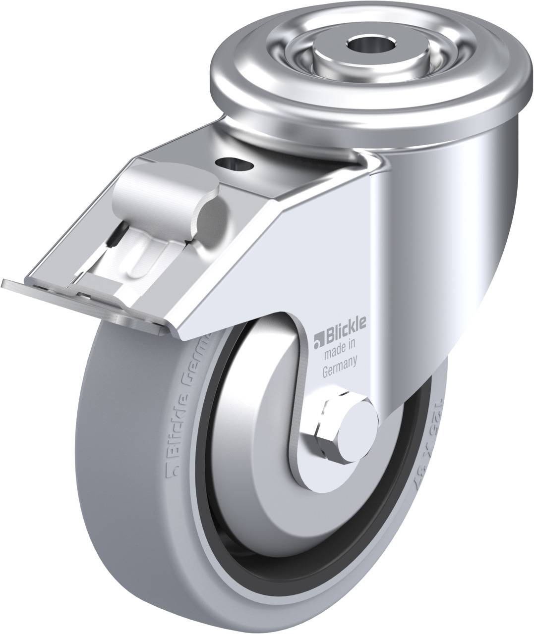 Rollenrad aus Metall mit grauem Gummi, geeignet für Möbel oder Transportgeräte. Aufschrift 'Blickle made in Germany'.