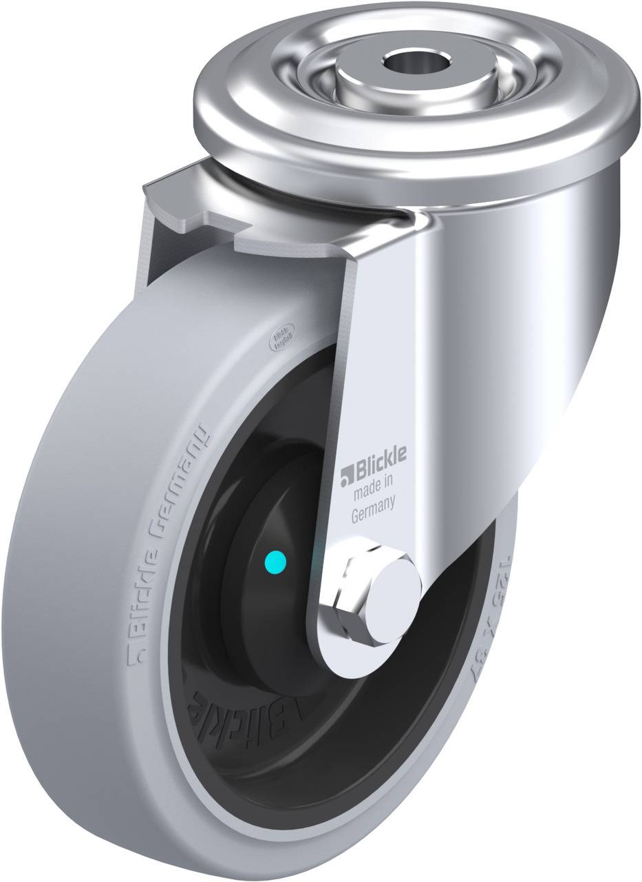 Metallrolle mit grauer Gummierung, montiert auf einem Drehgelenk. Markierung 'Blickle made in Germany'.