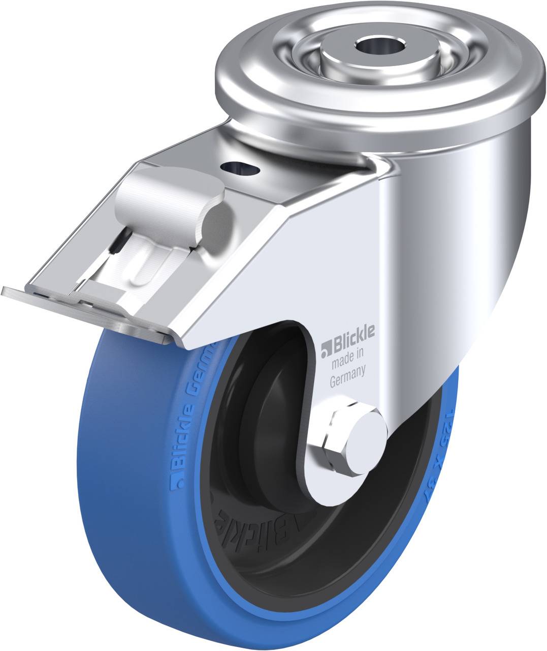 Schwenkrolle mit Halterung aus Metall und blauem Gummirad. Text auf dem Rad: 'Blickle'.