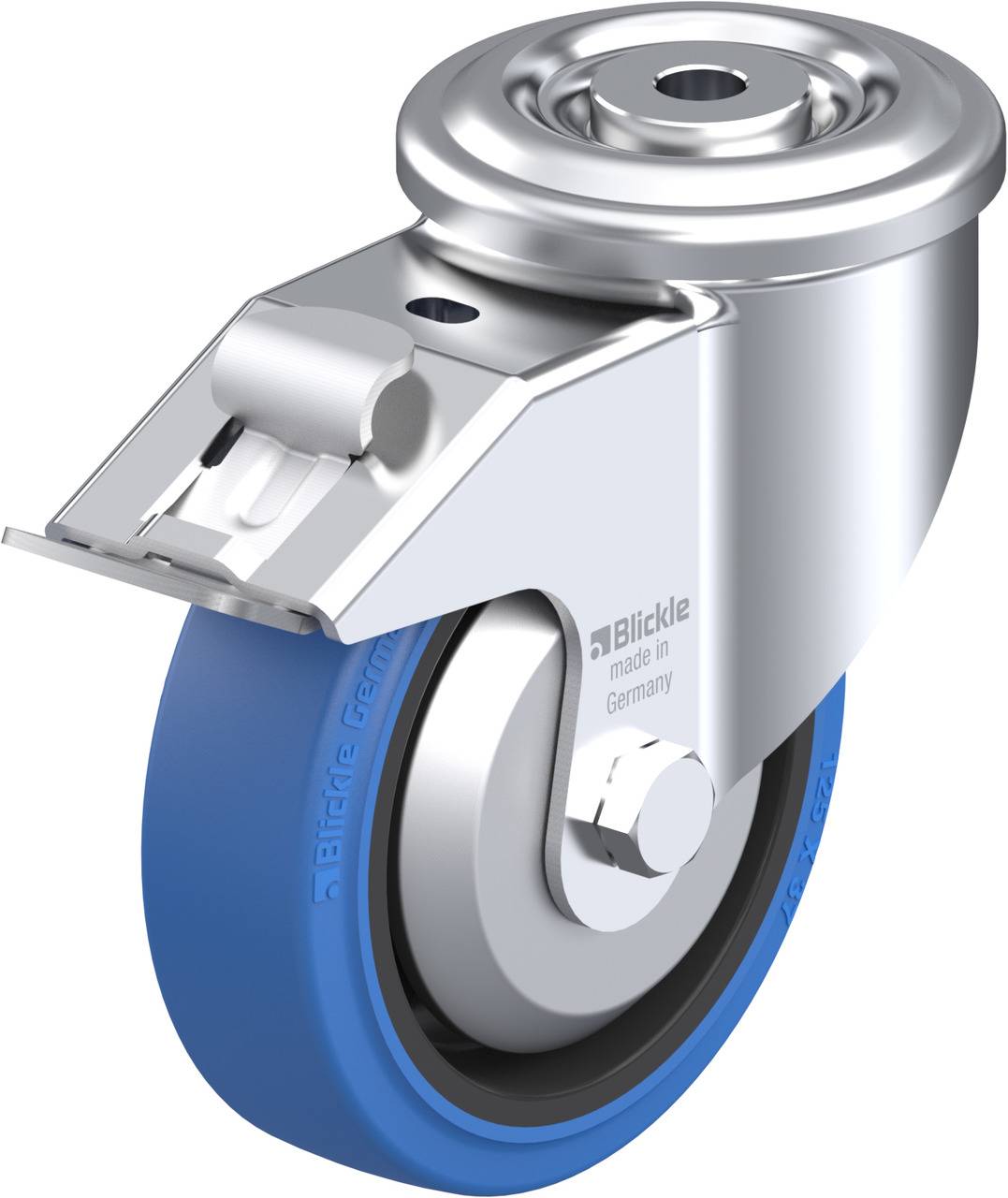 Metallisches Lenkrollenrad mit blauer Gummilauffläche. Geeignet für Transportwagen oder Industrieanwendungen.
