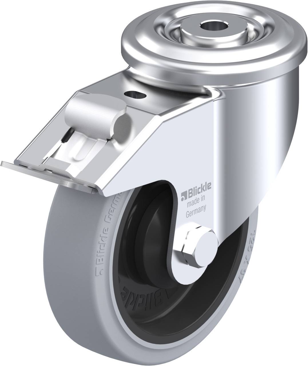 Metallrad mit grauem Gummireifen, geeignet für schweres Gerät. Es ist schwenkbar und hat eine Halterung für Montage.