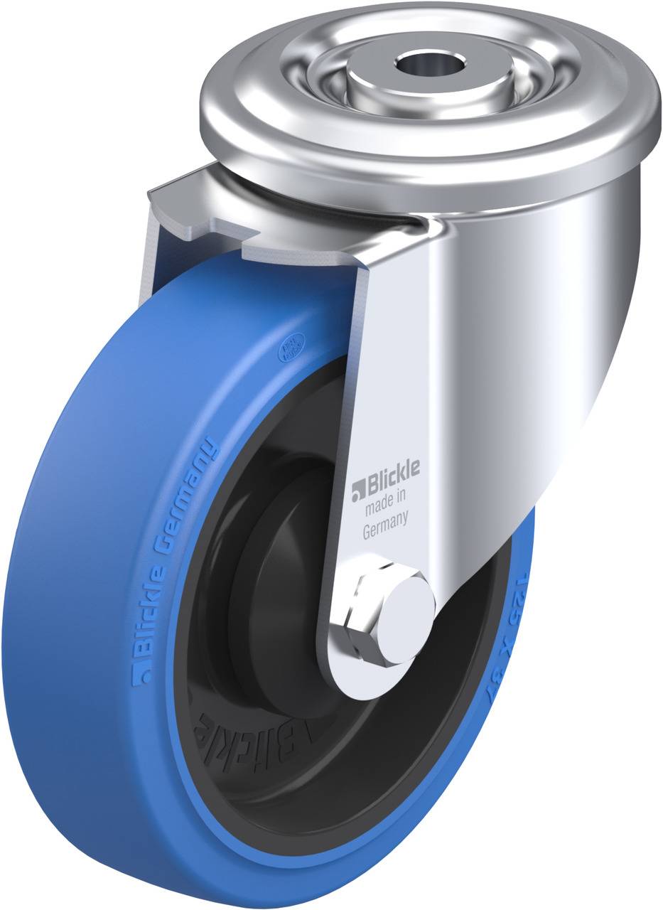 Ein blaues Schwerlast-Lenkrollenrad mit silbernem Halterungsgestell, industrielles Design, hergestellt in Deutschland.