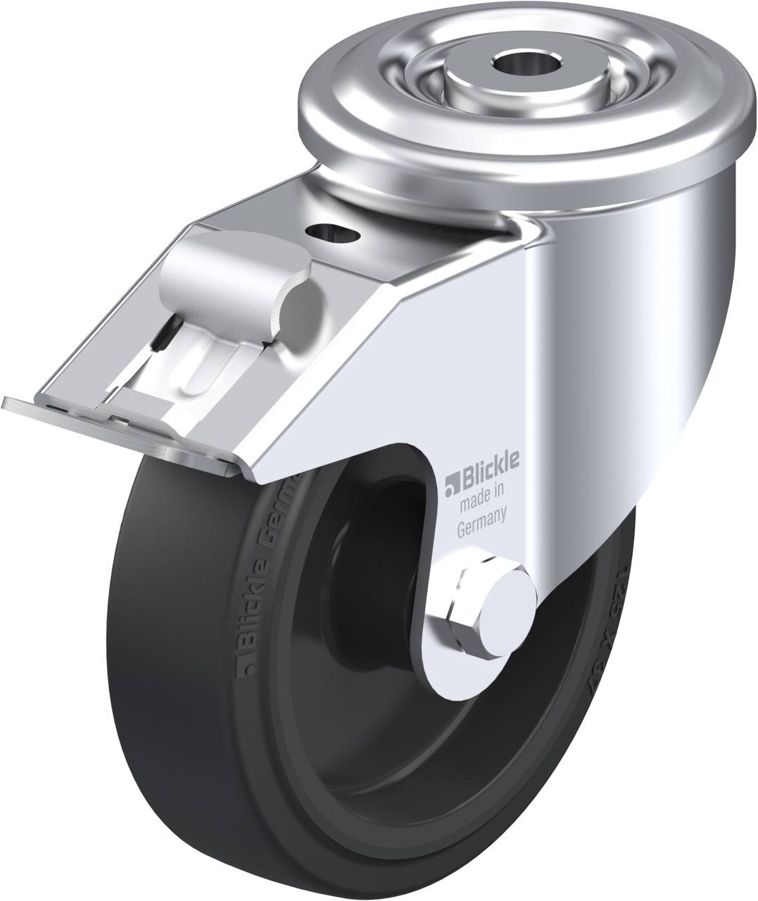 Industrie-Bockrolle aus Metall mit Gummirad, geeignet für den Einsatz in Maschinen oder Möbeln, robuste Bauweise.