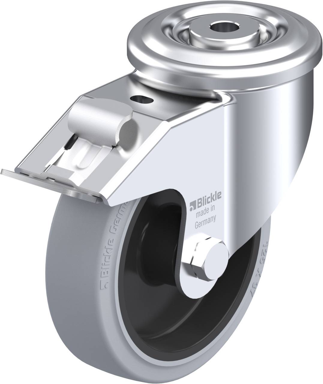 Metallisches Schwenk-Rad mit Bremse. Geeignet für Möbel oder Geräte. 'Made in Germany' aufgedruckt. Hauptsächlich silberfarben.