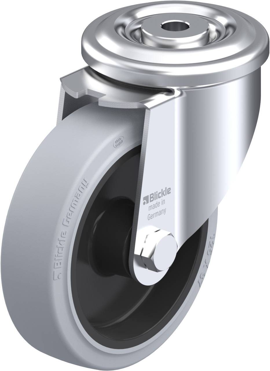 Rollenrad aus Metall und Kunststoff, mit der Aufschrift 'Blickle - made in Germany' auf der Gabel, geeignet für Möbel oder Fahrzeuge.