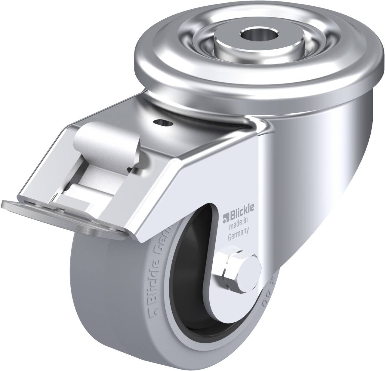 Ein silbernes Lenkrolle mit grauem Rad; seitliches Profil. Logo und Schriftzug: 'Blickle made in Germany' auf der Metallhalterung sichtbar.