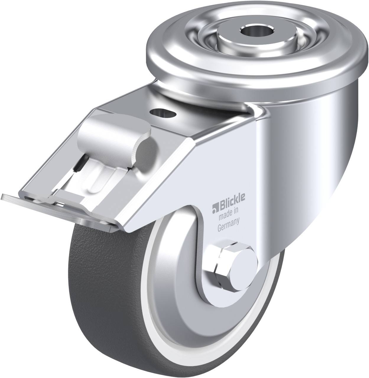 Metallisches Lenkrollenrad mit schwarzem Rad und Halterung. Aufschrift 'Blickle, made in Germany' sichtbar.