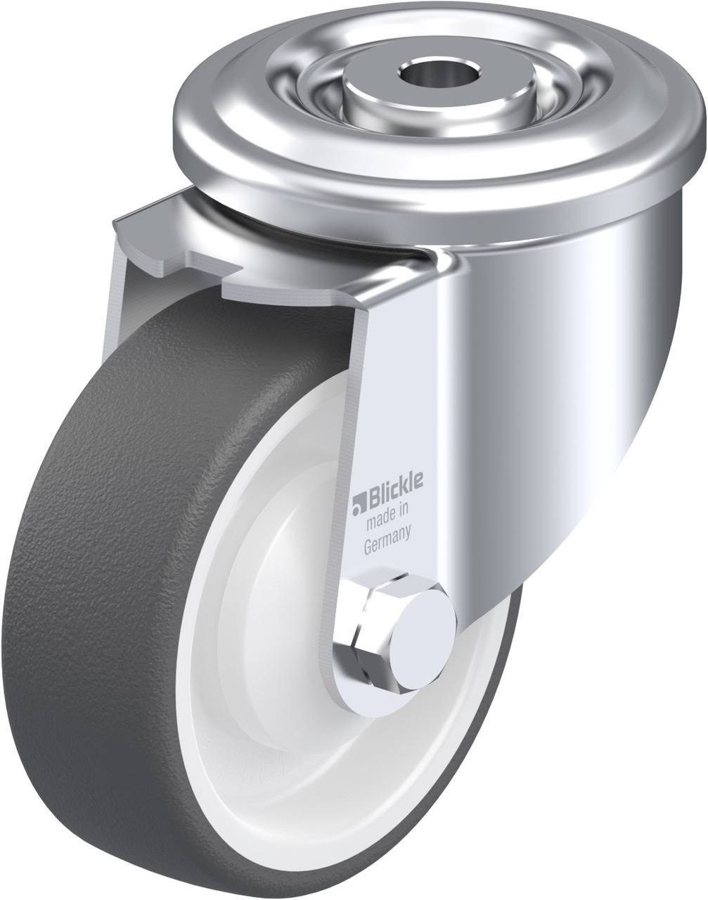 Eine drehbare Metallrolle mit grauem Gummirad und weißer Felge, produziert in Deutschland von der Firma Blickle.