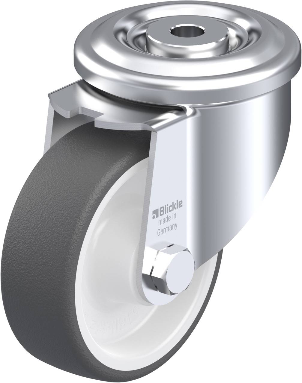 Schwenkrolle mit grauem Rad, Metallgehäuse und Schriftzug 'Blickle, made in Germany'. Geeignet für Möbel oder Industrieanwendungen.