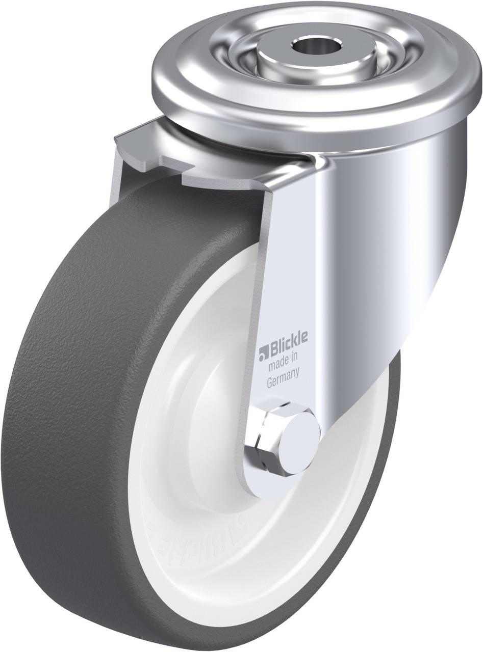 Eine graue Laufrolle mit weißem Rad und silbernem Gehäuse, geeignet für den Innenbereich. Aufschrift 'made in Germany'.