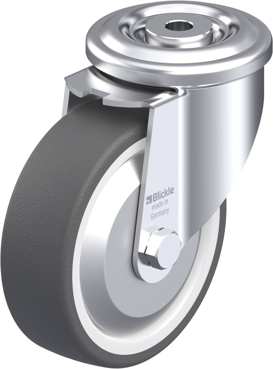 Metallenes Lenkrollrad mit grauem Gummirad, geeignet für industrielle Anwendungen. Robust und langlebig, gefertigt in Deutschland.