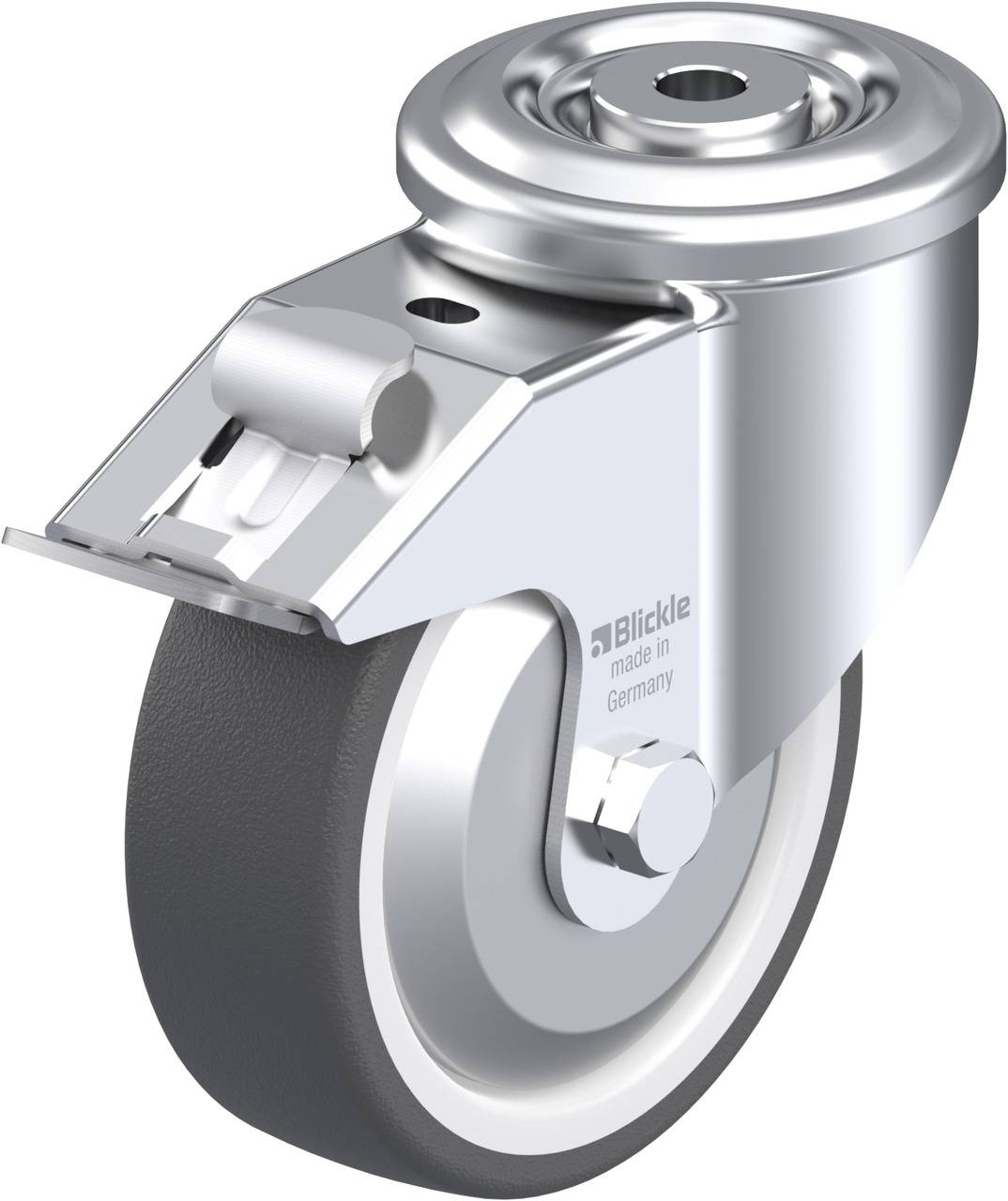 Schwenkrolle aus Metall mit grauem Rad, industrielles Design, geeignet für schwere Lasten.