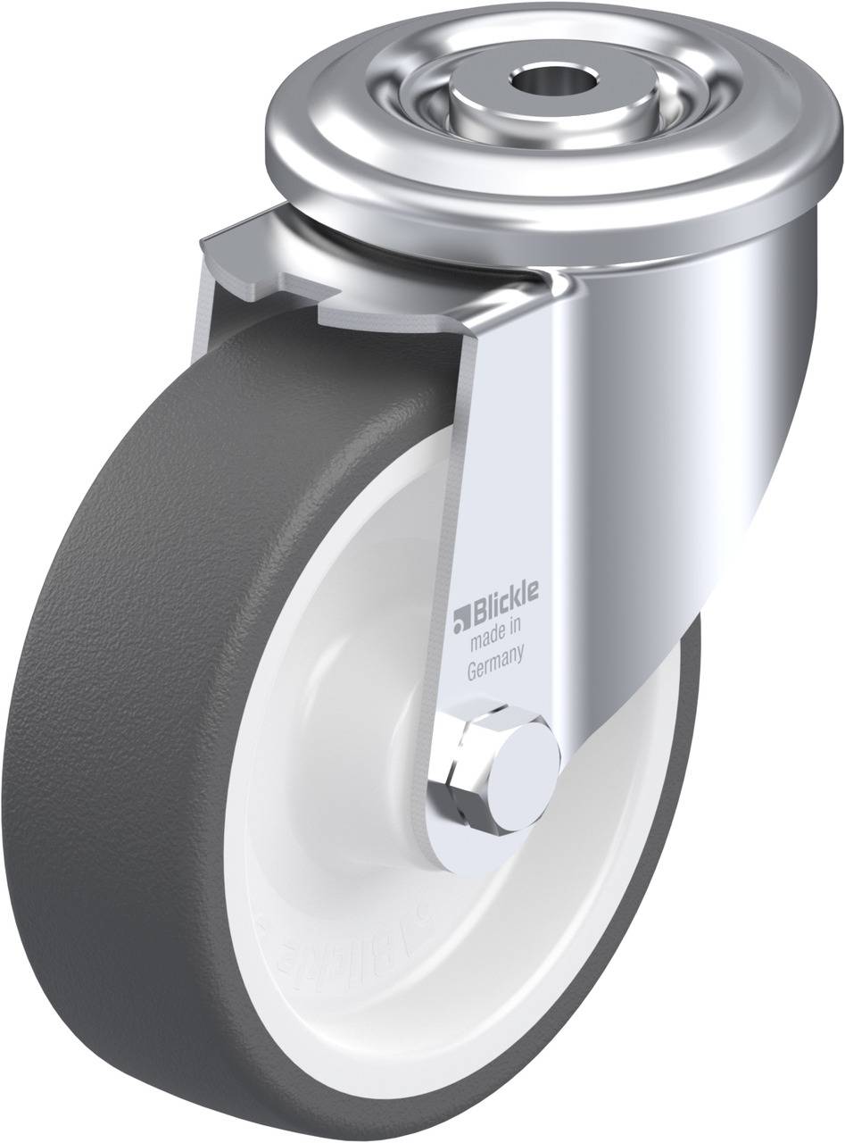 Metallrolle mit schwarzer Gummibeschichtung, seitlicher Schriftzug 'Blickle made in Germany'.