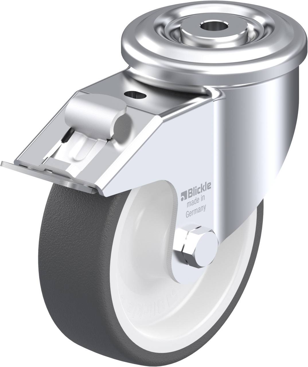 Industrielles Laufrollenrad aus Metall und Kunststoff, geeignet für schwere Lasten.