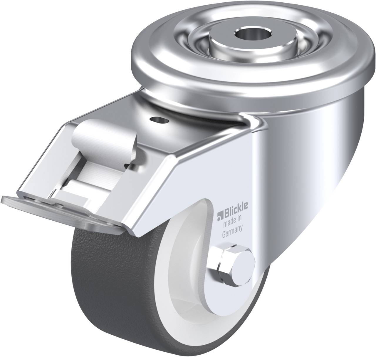 Rollenrad aus Metall und Kunststoff, seitliche Ansicht. Geeignet für den Einsatz in Industrie und Transport.