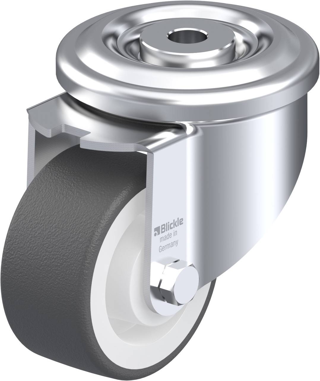 Drehbares Lenkrolle mit grauem Rad und silbernem Gehäuse; geeignet für Transportwagen oder Möbel.