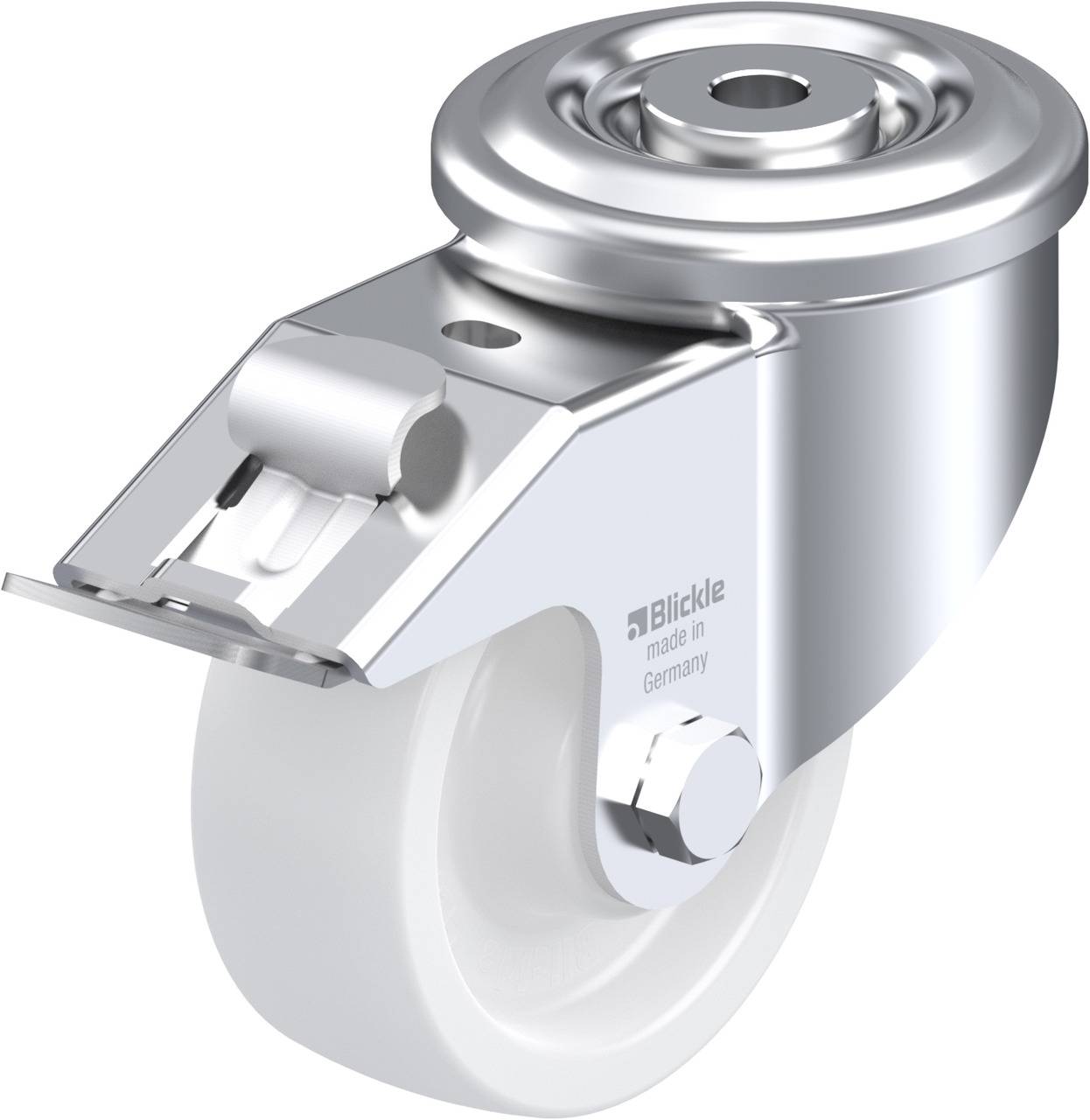 Aluminium-Lenkrolle mit weißem Rad und Vollgummireifen, hergestellt in Deutschland von Blickle. Geeignet für Möbel oder Wagen.