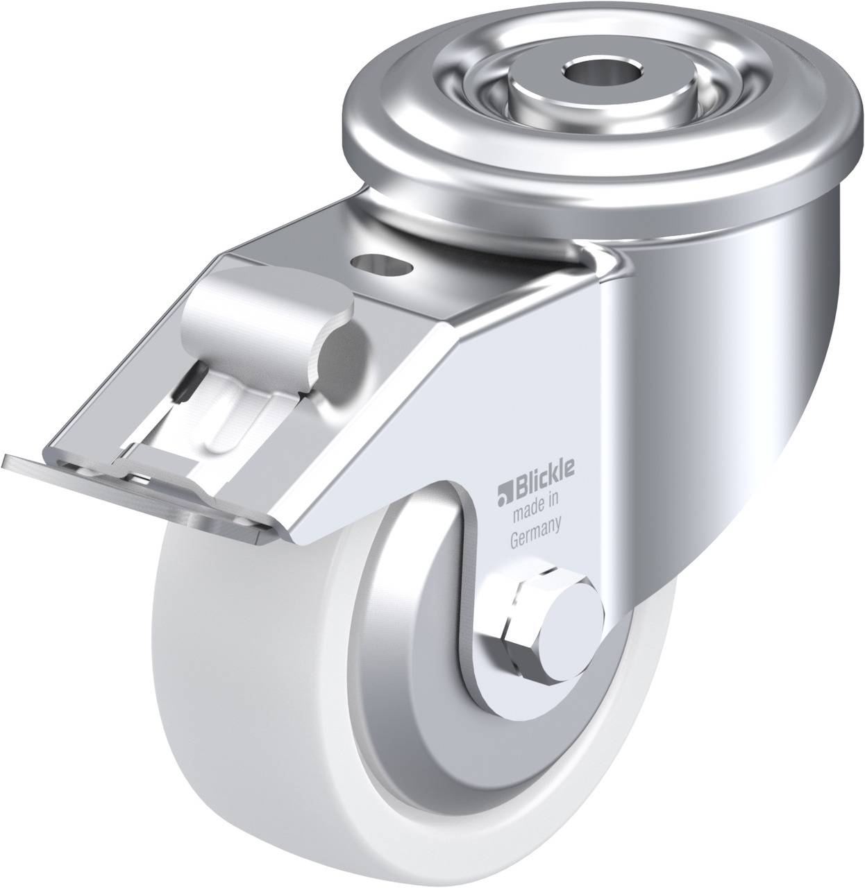 Ein kugelgelagertes Lenk-Stopprollen-Laufrad, glänzend und aus Metall, mit Kunststoffreifen, von Blickle 'made in Germany'.