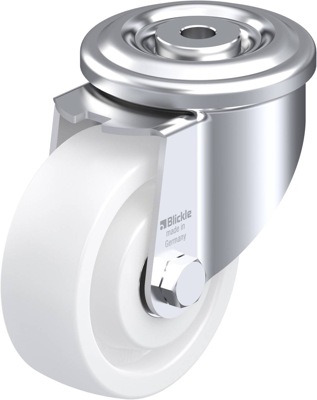 Industrie-Lenkrolle mit Metallgehäuse und weißem Rad, Aufschrift 'made in Germany' auf dem Gehäuse.