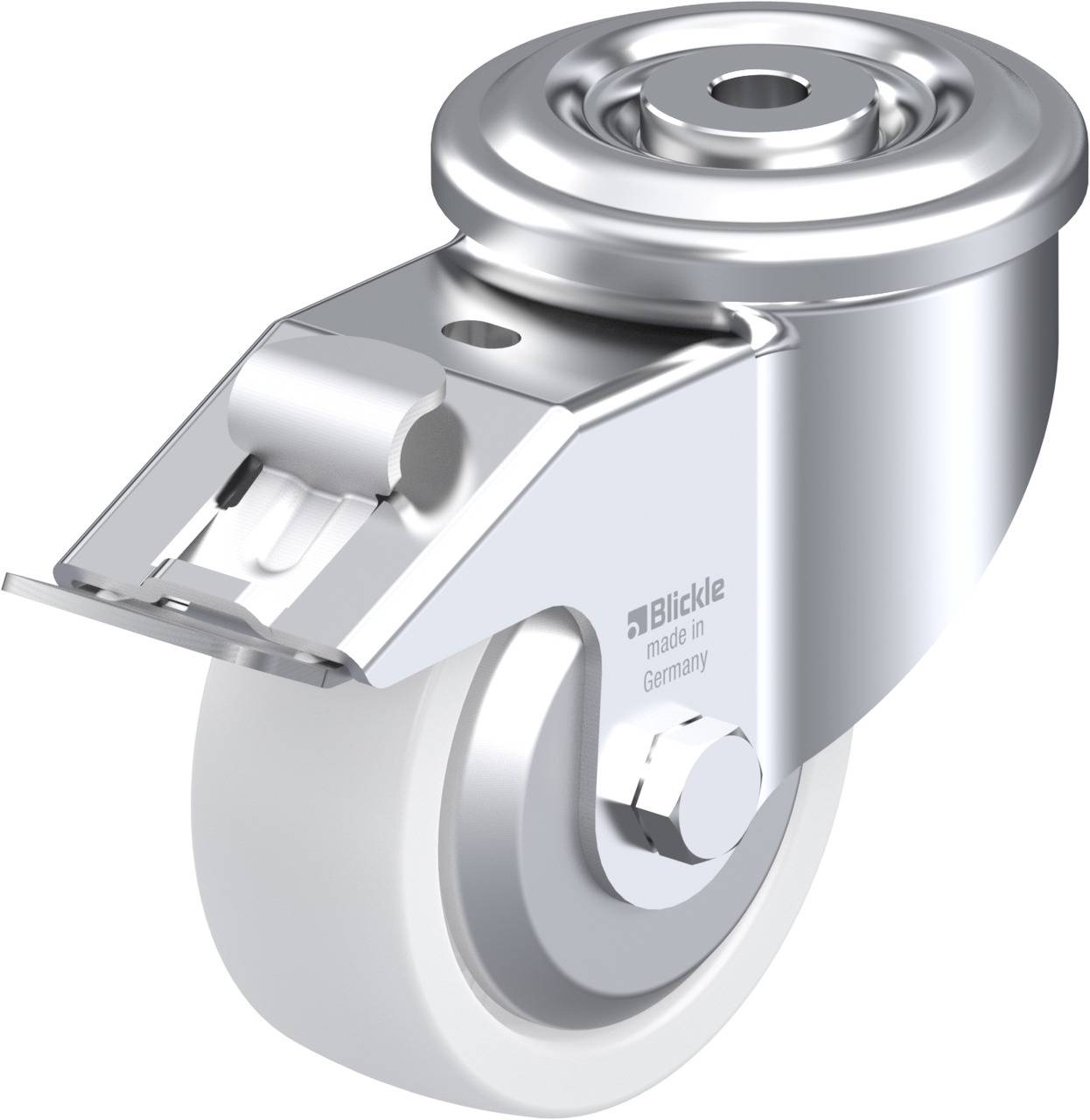 Chromatisiertes Lenkrollenrad mit feststellbarer Halterung aus Metall, gefertigt in Deutschland