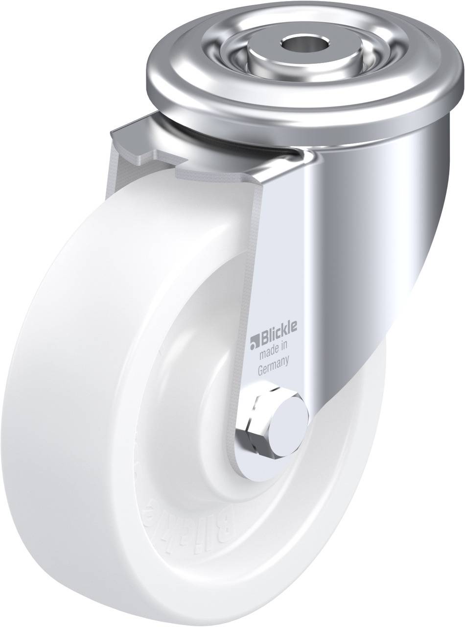 Graue Lenkrolle aus Metall und Kunststoff mit glatter, weißer Lauffläche. Markenname 'Blickle' und Aufschrift 'made in Germany' sichtbar. Geeignet für Möbel oder Geräte.
