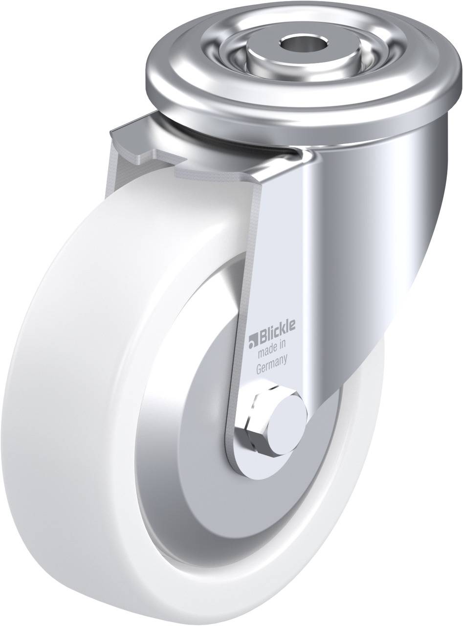 Eine robuste, weiße Rolle mit Metallschale, verwendet für Möbel oder Geräte, um Mobilität zu gewährleisten.