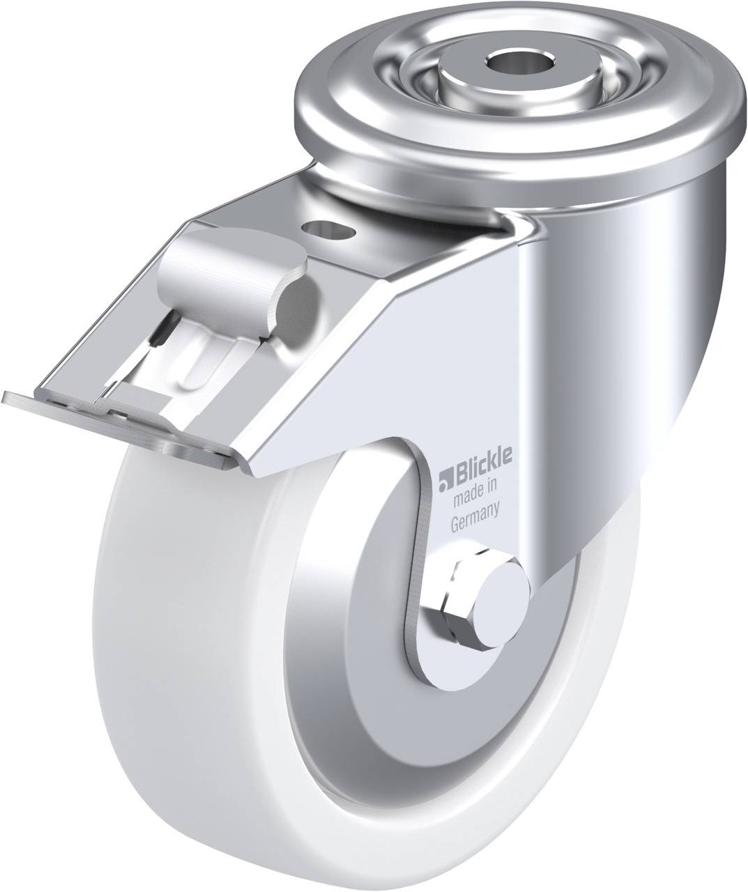 Metallisches Lenkrolle mit grauem Rad, das für Möbel oder Geräte geeignet ist. Beschriftung 'Blickle made in Germany' sichtbar.