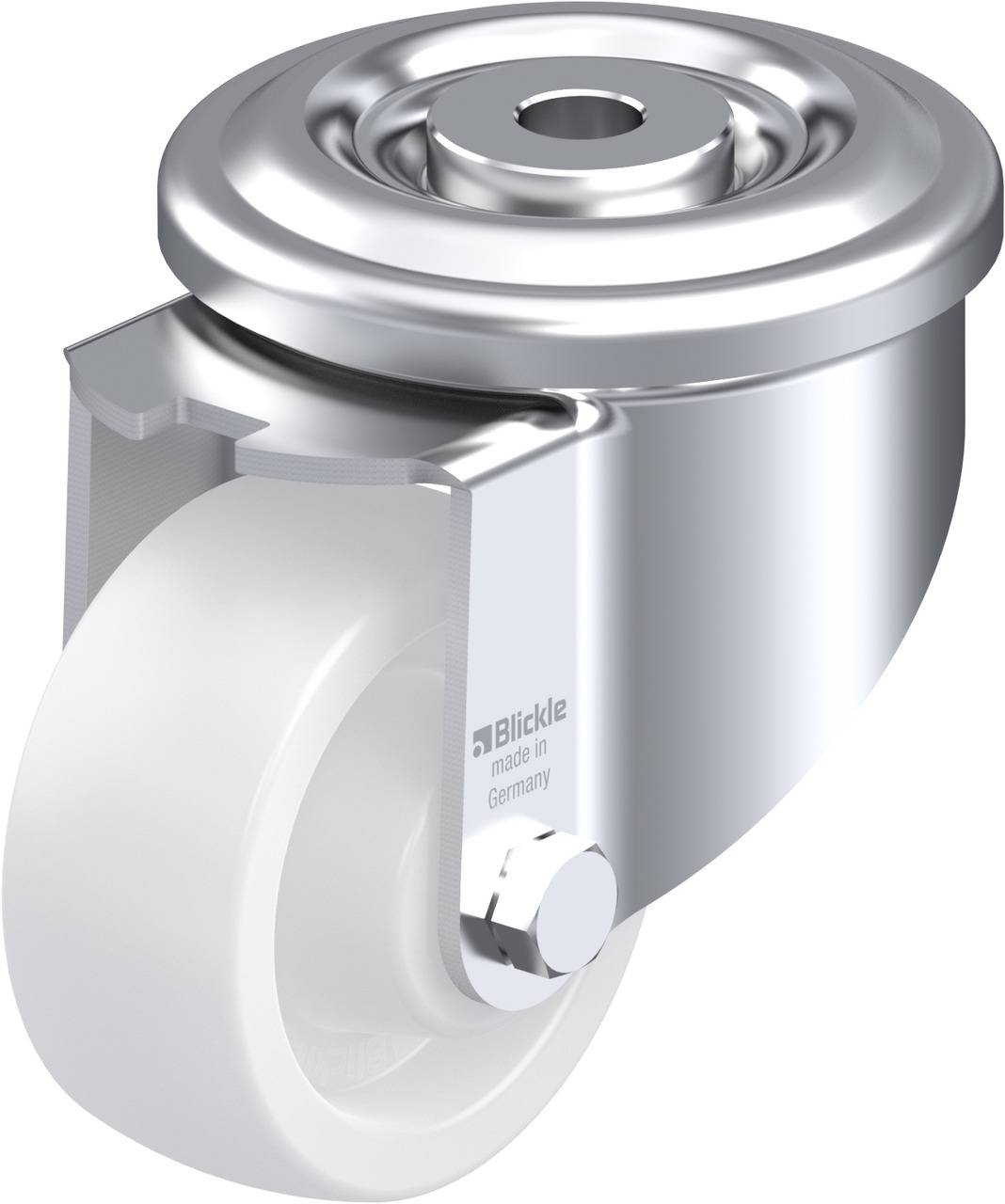 Rad mit Metallgehäuse, geeignet für Möbel und leichte Geräte. Glatte weiße Rolle, robustes Design, Aufschrift 'Blickle made in Germany'.