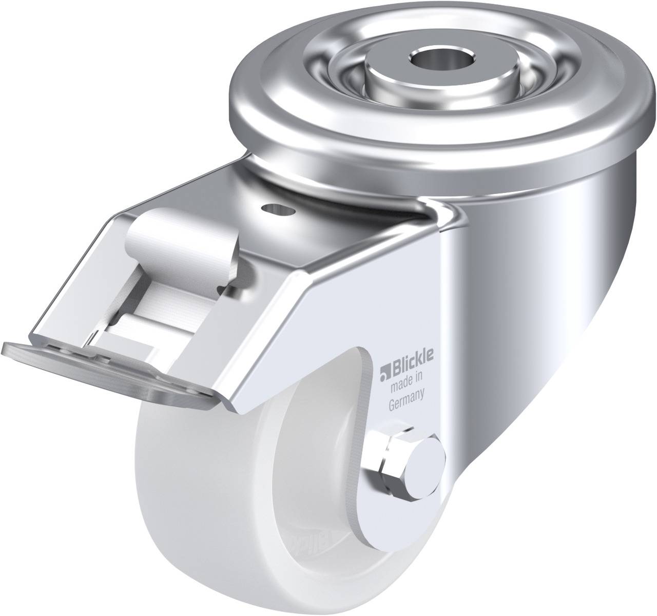 Eine silberne Schwenkrolle mit weißem Rad und Halterung. Geeignet für die Montage an Möbeln oder Geräten für leichte Bewegung.