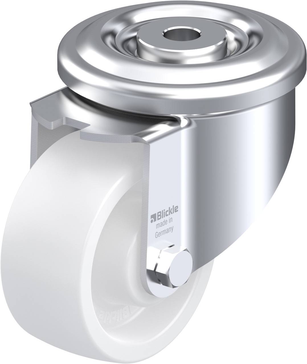 Industrie-Rolle, glänzend metallisch, mit weißem Kunststoffrad und Lager. Markiert mit 'Blickle' und 'made in Germany'.