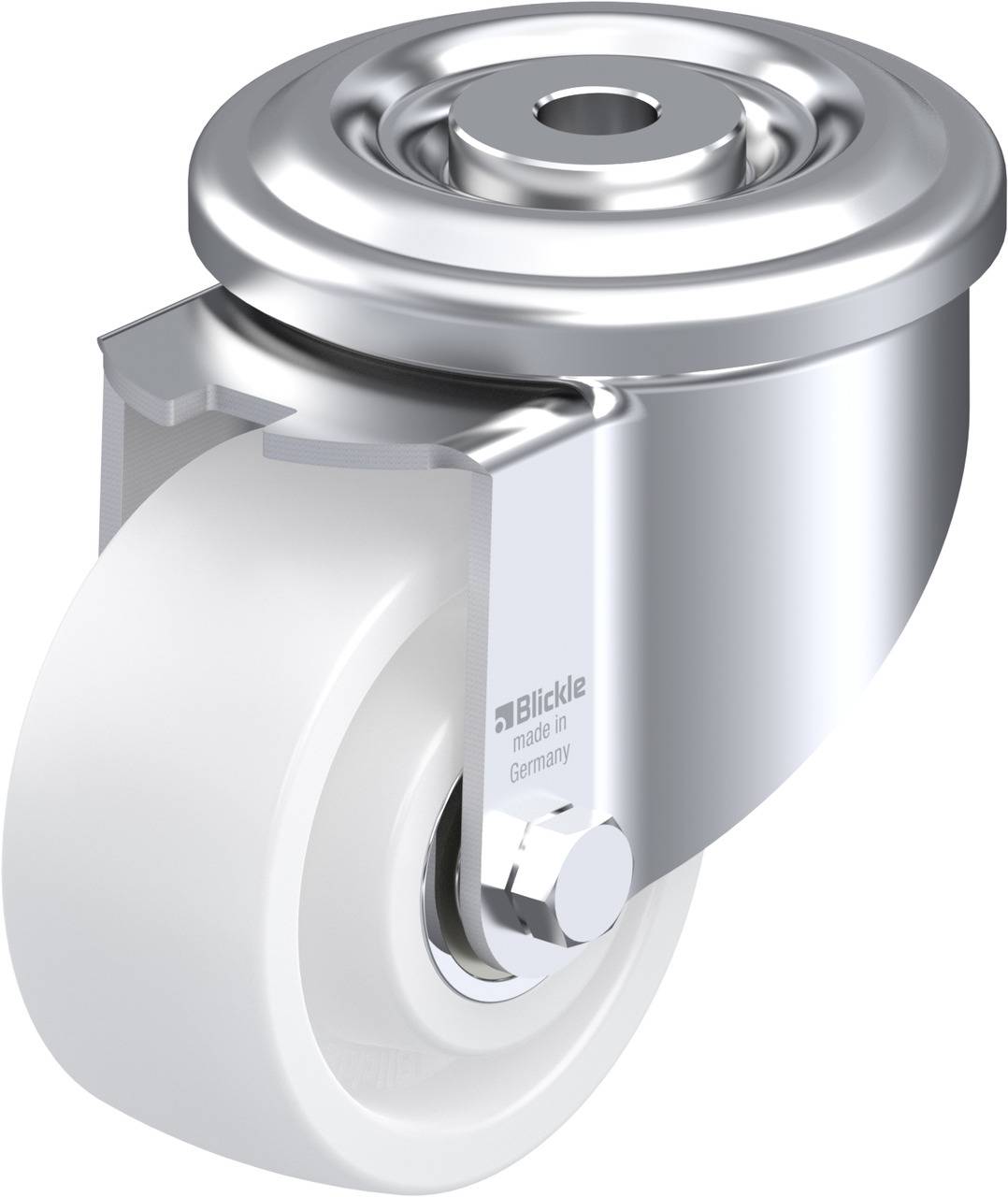 Rolle ohne Bremse aus Metall mit weißem Rad, geeignet für Möbel oder Industrieausrüstung. Text auf der Halterung: 'Blickle made in Germany'.