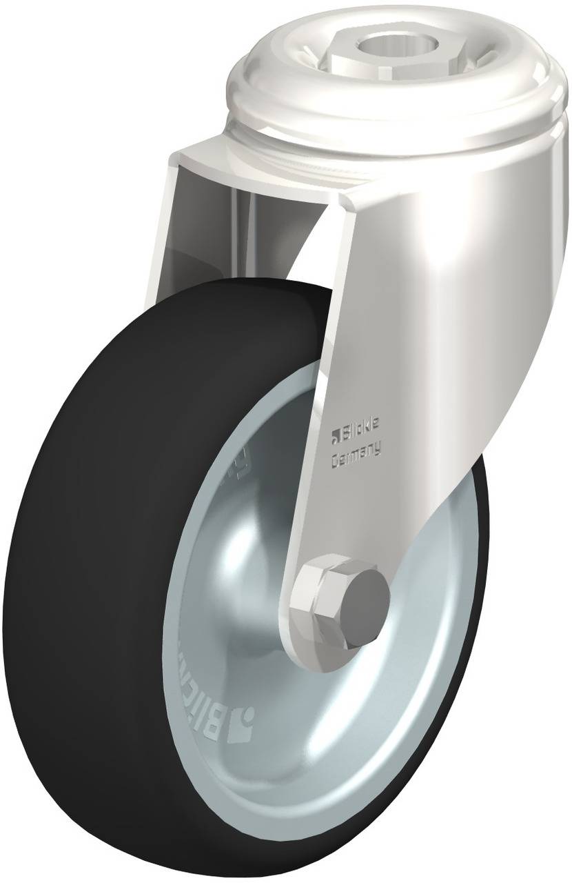 Helles Gehäuse-Rad aus Metall und Gummi, montiert auf einer Halterung, seitlich betrachtet. Ideal für mobile Anwendungen.