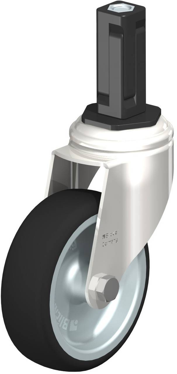 Eine schwarze Rolle mit robustem Metallschaft, geeignet für Möbel oder Geräte, die Mobilität erfordern.