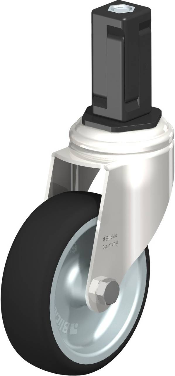 Graue Rolle mit schwarzem Drehgelenk, geeignet für Möbel oder Geräte. Hochwertige Verarbeitung für reibungsloses Bewegen.