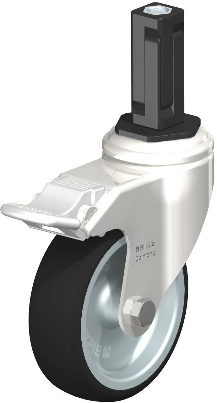 Drehrolle mit Metallgehäuse und Gummirad, geeignet für Möbel oder Transportwagen. Enthält Feststellbremse.