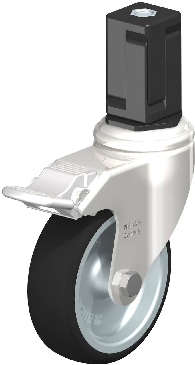 Plastikrolle mit Bremse und Metallgehäuse, geeignet für Möbel oder technische Geräte.