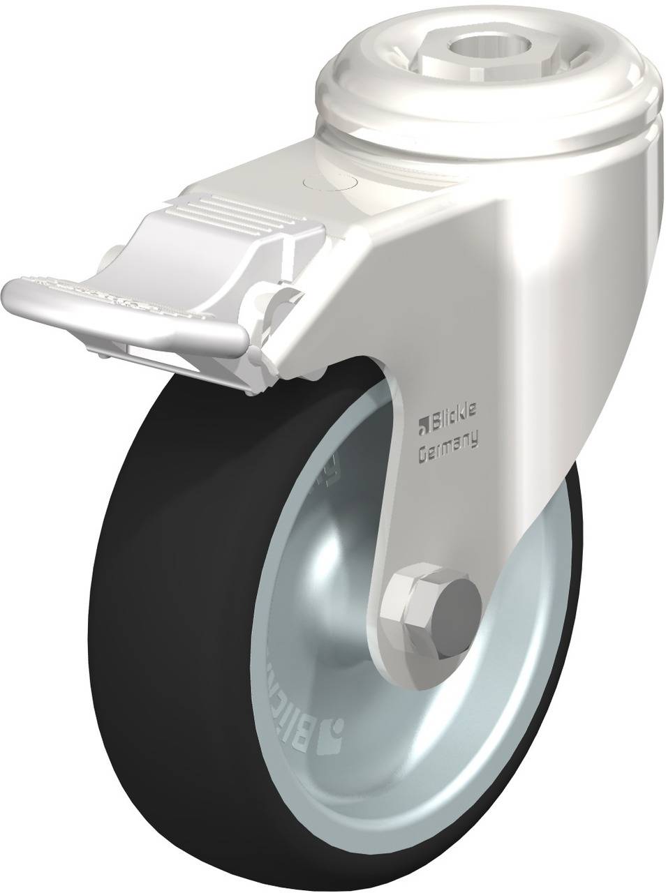 Eine industrielle Lenkrolle aus Metall mit schwarzem Rad und silbernem Gehäuse, geeignet für schwere Lasten.