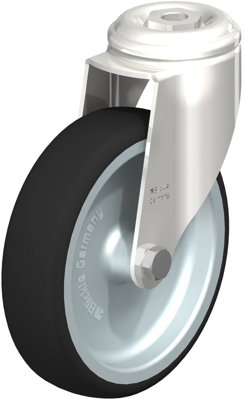 Rollenrad aus Metall und schwarzem Gummi mit Halterung, geeignet für Transportgeräte. Schlichtes Industrie-Design.